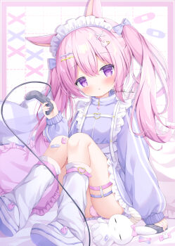 1girl animal_ears apron bandaid bandaid_on_leg blush bow controller frilled_pillow frilled_skirt frills game_controller hair_bow hair_ornament hairclip heart highres holding jacket knees_up long_hair loose_socks maid maid_headdress original panties parted_lips pillow pink_hair pink_panties purple_eyes purple_jacket rabbit_ears shoes sitting skirt socks solo stuffed_animal stuffed_rabbit stuffed_toy thigh_strap track_jacket twintails twitter_username underwear white_socks yuduki_pdx