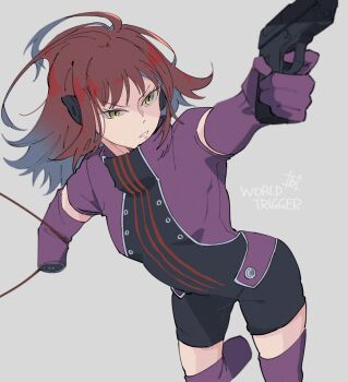 1girl amputee breasts commentary copyright_name double_amputee elbow_gloves floating_hair gloves green_eyes grey_background gun handgun headphones holding holding_gun holding_weapon jacaranda_6 jacket katori_squad&#039;s_uniform katori_youko long_hair missing_limb parted_lips purple_gloves purple_jacket red_hair short_jumpsuit short_sleeves solo thighhighs weapon wire world_trigger