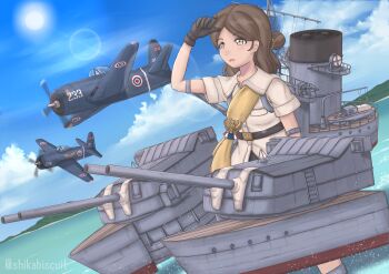 Rule 34 | 1girl, absurdres, aircraft, airplane, black gloves, blue sky, brown eyes, brown hair, brown shirt, cannon, cloud, commentary request, dark-skinned female, dark skin, day, f8f bearcat, feet out of frame, gloves, hair bun, highres, kantai collection, lens flare, long hair, outdoors, rigging, sash, shikabiscuit, shirt, sky, smokestack, solo, sun, thonburi (kancolle), yellow sash