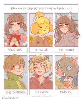 1boy 5girls absurdres animal_crossing animal_ears blank_eyes blonde_hair blue_eyes blue_flower blue_hair boar_mask braid brown_hair character_name chilling_adventures_of_sabrina crossover crown_of_thorns dog_ears eating english_text flower food frogaggressive glasses green_eyes grey_eyes hair_between_eyes hashibira_inosuke highres homestuck isabelle_(animal_crossing) jade_harley kimetsu_no_yaiba long_hair madotsuki meat multiple_crossover multiple_drawing_challenge multiple_girls nintendo one_eye_closed open_mouth persona persona_4 sabrina_spellman sabrina_the_teenage_witch satonaka_chie short_hair six_fanarts_challenge smile twin_braids twintails upper_body yellow_eyes yellow_flower yume_nikki