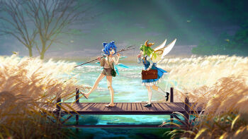 2girls bag banjie bare_tree blue_eyes blue_hair bow bridge brown_shorts cirno daiyousei dress fairy_wings fireflies green_hair hair_bow hair_ribbon highres holding ice ice_wings lake multiple_girls nature open_mouth outdoors ribbon river sandals scenery shirt short_hair shorts side_ponytail touhou tree wings
