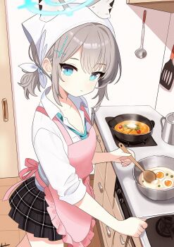 1girl absurdres adapted_costume animal_ear_fluff animal_ears apron aurelia88 black_skirt blue_archive blue_eyes blue_halo blue_necktie bright_pupils closed_mouth collared_shirt commentary cooking cowboy_shot earrings ears_through_headwear english_commentary extra_ears film_grain grey_hair hair_between_eyes halo headscarf highres indoors jewelry kitchen long_sleeves looking_at_viewer low_ponytail medium_hair miniskirt mismatched_pupils necktie pink_apron plaid_clothes plaid_skirt pleated_skirt ponytail school_uniform shiroko_(blue_archive) shirt short_ponytail sidelocks signature skirt sleeves_rolled_up smile solo steam stud_earrings white_headscarf white_pupils white_shirt wolf_ears wolf_girl