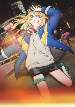 3girls black_cap black_skirt black_socks black_sweater blonde_hair blue_eyes blue_jacket blush brooch cap green_hair hand_up highres jacket jewelry long_hair looking_at_viewer looking_back multicolored_hair multicolored_jacket multiple_girls open_clothes open_jacket open_mouth pink_hair purple_hair red_eyes shoes skirt smile socks sweater takanashi_kim_anouk_mei two-tone_jacket v very_long_hair watase_kiui white_background white_socks yamanouchi_kano yellow_jacket yoru_no_kurage_wa_oyogenai