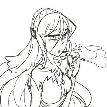 azura_(fire_emblem) bare_shoulders cigarette davewaterfalls fire_emblem fire_emblem_fates headdress long_hair looking_at_viewer nintendo sketch smoking
