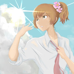 Rule 34 | 1girl, absurdres, blue sky, brown eyes, brown hair, clenched teeth, cloud, cloudy sky, collarbone, collared shirt, commentary request, day, fanning face, flower, gyaru, hair flower, hair ornament, highres, higumarium, hot, kogal, light frown, lips, looking back, looking up, medium hair, necktie, necktie grab, neckwear grab, original, outdoors, parted lips, ponytail, red necktie, shirt, sky, sleeves rolled up, solo, summer, sun, sunlight, sweat, sweaty clothes, teeth, upper body, white shirt