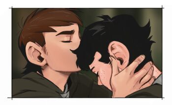 2boys aatom87 black_hair blurry blurry_background brown_hair chilchuck_tims commentary dandan_(dungeon_meshi) dungeon_meshi english_commentary freckles kiss kissing_forehead male_focus multiple_boys sideburns the_lord_of_the_rings tolkien&#039;s_legendarium