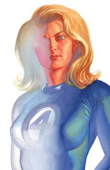 1girl absurdres alex_ross blonde_hair blue_bodysuit blue_eyes bodysuit comic_cover cover cover_page fantastic_four highres looking_at_viewer marvel mature_female medium_hair official_art one_eye_in_shadow realistic solo sue_storm superhero_costume upper_body western_comics_(style) white_background