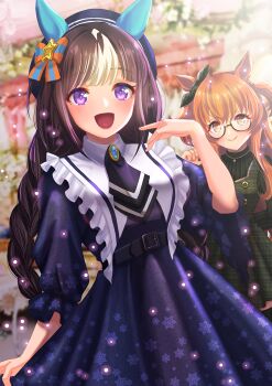 2girls animal_ears ascot beret blue_dress blue_gem blush bow braid breasts brown_hair commentary_request dated_commentary dress ear_bow ear_covers frills gem glasses green_bow green_dress hair_between_eyes hair_ornament hat highres hokko_tarumae_(umamusume) horse_ears horse_girl jewelry long_braid long_hair long_sleeves looking_at_viewer mayano_top_gun_(umamusume) multicolored_hair multiple_girls necklace open_mouth orange_eyes orange_hair otono_(bkt4b) outdoors purple_eyes semi-rimless_eyewear smile star_(symbol) star_print striped_bow twin_braids two_side_up umamusume under-rim_eyewear white_hair