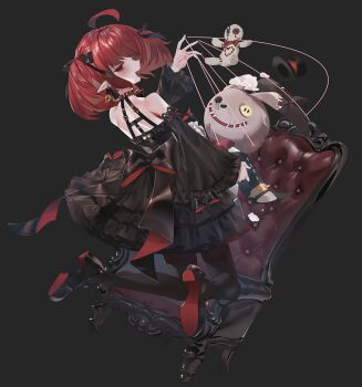 1girl :d ahoge back_bow bare_shoulders bell bell_earrings black_background black_bow black_dress black_pantyhose black_ribbon black_shoes bow button_eyes buttons chair collar detached_sleeves dress dress_bow dungeon_and_fighter earrings enchantress_(dungeon_and_fighter) facing_away female_mage_(dungeon_and_fighter) frilled_dress frilled_sleeves frills gothic_lolita hair_ribbon hat highres holding holding_stuffed_toy jewelry jingle_bell jingle_bell_earrings lolita_fashion looking_at_viewer mini_hat mini_top_hat on_chair open_mouth pantyhose planbi pointy_ears puppet puppet_strings red_eyes red_hair ribbon shoes simple_background smile solo spiked_collar spikes stuffed_animal stuffed_rabbit stuffed_toy stuffing throne top_hat torn twintails