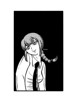 Rule 34 | artist name, black necktie, black outline, braid, braided ponytail, breasts, chainsaw man, collared shirt, english text, hair tie, head tilt, highres, long hair, long sleeves, low-braided long hair, low-tied long hair, low ponytail, medium breasts, monochrome, necktie, open mouth, outline, paneled background, polka dot, ponytail, ringed eyes, shirt, sidelocks, tsunogai, upper body, white background, white shirt, white sleeves