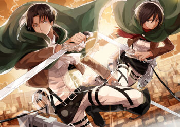 1boy 1girl bad_tag black_eyes black_hair brown_eyes brown_jacket cape day dress_shirt dual_wielding green_cape hair_between_eyes holding holding_sword holding_weapon incest jacket lens_flare levi_(shingeki_no_kyojin) looking_at_viewer michi_(iawei) mikasa_ackerman military military_uniform open_clothes open_jacket outdoors pants red_scarf scarf shingeki_no_kyojin shirt short_hair sunlight sword three-dimensional_maneuver_gear weapon white_pants white_shirt