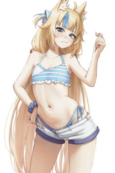 1girl :3 absurdres adversarial_noise ahoge animal_ears bikini bikini_bottom_under_shorts bikini_under_clothes blonde_hair blue_bikini blue_bow blue_eyes blue_hair blunt_bangs bow cat_ears closed_mouth commentary flat_chest frilled_bikini frills hair_bow hand_on_own_hip hand_up hashtag-only_commentary highleg highleg_bikini highres indie_virtual_youtuber lifebuoy_hair_ornament looking_at_viewer low_twintails multicolored_hair navel one_side_up sameko_saba samukzz scrunchie short_shorts shorts side-tie_bikini_bottom simple_background solo stomach streaked_hair swimsuit twintails virtual_youtuber white_background white_hair white_shorts wrist_scrunchie