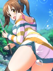 Rule 34 | 1girl, ass, ass focus, back, blue scrunchie, blue sky, blurry, blush, breasts, brown eyes, brown hair, clothes lift, depth of field, dot nose, dress, fishing, fishing line, fishing rod, from behind, hair ornament, hair scrunchie, highres, holding, holding fishing rod, idolmaster, idolmaster cinderella girls, idolmaster cinderella girls starlight stage, large breasts, leaning forward, lens flare, long hair, long sleeves, looking at another, looking back, multicolored clothes, multicolored dress, natsuya (natuya777), open mouth, outdoors, pink shirt, rock, scrunchie, shirt, shy, single bare shoulder, single off shoulder, skirt, skirt lift, sky, sleeveless, sleeveless shirt, solo, sparkle, splashing, strap slip, striped clothes, striped dress, totoki airi, tree, twintails, water