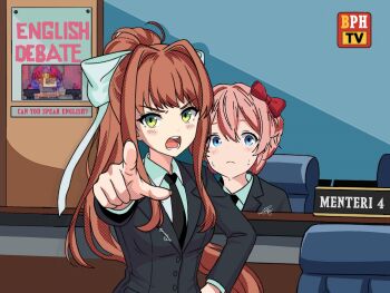 2girls ahoge alternate_costume artist_name blue_eyes bow breasts brown_hair chair doki_doki_literature_club english_text green_eyes hair_bow hair_ribbon high_ponytail long_hair looking_at_viewer monika_(doki_doki_literature_club) montoya13 multiple_girls necktie pink_hair pointing pointing_at_viewer ponytail poster_(object) ribbon sayori_(doki_doki_literature_club) short_hair sweat talking tv_show very_long_hair