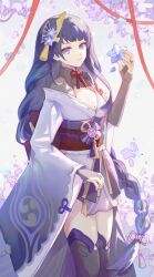 Rule 34 | 1girl, blunt bangs, braid, breasts, charcy-tea, cleavage, closed mouth, falling petals, flower, genshin impact, hair ornament, hair ribbon, hand up, highres, holding, holding flower, japanese clothes, long hair, looking at viewer, mitsudomoe (shape), mole, mole under eye, petals, purple eyes, purple hair, raiden shogun, red ribbon, ribbon, single braid, solo, standing, tomoe (symbol)