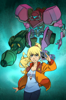 1girl blonde_hair blue_eyes card crossover female_focus gravity_suit_(metroid) guilhermerm long_hair metroid mole mole_under_mouth nintendo persona ponytail power_suit_(metroid) samus_aran solo strength_(tarot) summoning super_smash_bros. tarot tarot_card