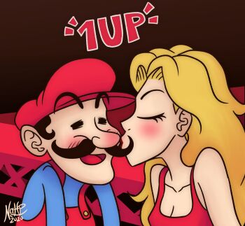 Rule 34 | 1boy, 1girl, 1up, black hair, blonde hair, blush, breasts, cleavage, construction site, donkey kong (1981 game), donkey kong (series), facial hair, hat, hetero, highres, kiss, long hair, mario, mario (series), medium breasts, mustache, nintendo, overalls, pauline (mario), red skirt, skirt, upper body