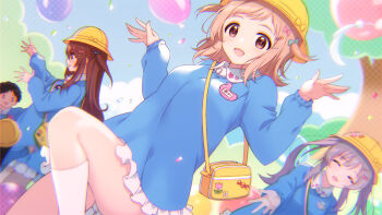 1boy 1other 3girls ankle_socks bag balloon blue_shirt brown_eyes brown_hair child closed_eyes commentary_request confetti feathers hair_ornament hairpin hat idolmaster idolmaster_shiny_colors kindergarten_bag kindergarten_uniform long_hair long_sleeves looking_at_another looking_at_viewer multiple_girls name_tag open_mouth osaki_tenka outstretched_arm outstretched_hand pleated_skirt purple_hair riyo_(riyontoko) sakuragi_mano school_hat shirt skirt socks standing standing_on_one_leg white_skirt white_socks yellow_bag yellow_hat yukoku_kiriko