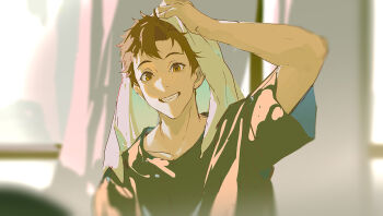 1boy arm_up black_shirt blurry blurry_background brown_hair curtains drying drying_hair grin indoors looking_at_viewer male_focus original shirt short_hair smile solo t-shirt towel towel_on_head upper_body window xiaojiaju