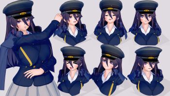 1girl 3d artist_request blush reference_sheet hat highres kido_ayame_(kimi_wa_008) kimi_wa_008 looking_at_viewer looking_to_the_side multiple_views purple_eyes shiny_skin skirt smile upper_body