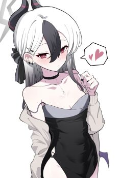 1girl black_choker black_dress black_hair black_horns blue_archive breasts bright_pupils choker collarbone commentary_request demon_horns diamond_necklace dress ear_piercing gradient_hair grey_halo hair_between_eyes halo heart highres horns kayoko_(blue_archive) kayoko_(dress)_(blue_archive) korean_commentary layer_(layer_illust) long_hair mole mole_on_collarbone mole_on_neck multicolored_hair official_alternate_costume piercing purple_wings red_eyes single_wing small_breasts speech_bubble spoken_heart strap_slip white_hair wings