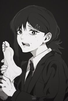 Rule 34 | 1girl, absurdres, chainsaw man, collared shirt, commentary, english commentary, esmile, feet, greyscale, hair ornament, hairclip, higashiyama kobeni, highres, holding limb, jacket, looking at viewer, mole, mole under eye, mole under mouth, monochrome, multiple moles, necktie, open mouth, ponytail, severed foot, shirt, short ponytail, single sidelock, solo, suit jacket, teeth