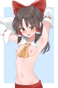 1girl absurdres armpit_focus armpits arms_up ascot blush bow breasts brown_eyes brown_hair commentary_request dakuazu detached_collar detached_sleeves frilled_bow frilled_hair_tubes frills groin hair_bow hair_tubes hakurei_reimu highres large_variant_set long_hair looking_down navel nipples presenting_armpit red_bow red_skirt ribbon-trimmed_sleeves ribbon_trim skirt small_breasts solo stomach sweatdrop topless_female touhou variant_set yellow_ascot