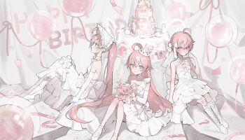 3girls ahoge ajirui bare_shoulders birthday_cake blue_archive blue_eyes bonnet bow cake choker commission crown dress elbow_gloves food frilled_dress frills gloves hair_bow happy_birthday heterochromia highres hoshino_(blue_archive) hoshino_(first_year)_(blue_archive) long_hair looking_at_viewer multiple_girls pink_hair ponytail second-party_source shoes short_hair sleeveless sleeveless_dress very_long_hair white_bonnet white_dress white_shoes yellow_eyes