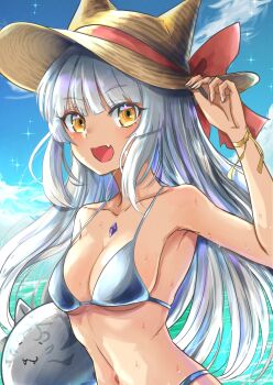 Rule 34 | 1girl, bikini, blue sky, bow, breasts, brown hat, chest jewel, collarbone, commentary request, fang, grey bikini, grey hair, hat, hat bow, highres, long hair, looking at viewer, navel, nia (xenoblade), open mouth, red bow, skin fang, sky, small breasts, smile, sofusan1526, solo, sun hat, swimsuit, upper body, xenoblade chronicles (series), xenoblade chronicles 2, yellow eyes