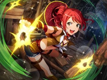 1girl arched_back artistic_error bad_anatomy belt blue_shorts boots breasts brown_boots brown_gloves brown_jacket cleavage earrings fingerless_gloves firing game_cg gloves gun hair_bun handgun holding holding_gun holding_weapon holster jacket jewelry kano_misora looking_at_viewer official_art open_clothes open_jacket open_mouth red_hair revolver shorts shoujo_kageki_revue_starlight shoujo_kageki_revue_starlight_-re_live- solo thigh_belt thigh_holster thigh_strap v-shaped_eyebrows weapon weapon_request yellow_eyes