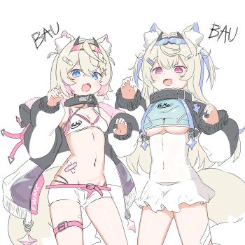 2girls absurdres alternate_costume animal_ear_fluff animal_ears bikini black_collar black_jacket blue_eyes blue_shirt blue_streaks breasts claw_pose cleavage collar dog_ears dog_girl dog_tail dress fuwawa_abyssgard hair_ornament highres hololive hololive_english jacket large_breasts looking_at_viewer mococo_abyssgard multicolored_hair multiple_girls open_mouth pink_eyes pink_streaks shirt shorts siblings sisters small_breasts smile snowmya streaked_hair swimsuit tail thigh_strap twins underboob virtual_youtuber white_bikini white_dress white_shorts x_hair_ornament