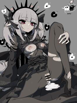 1girl a_bao_a_qu_the_lightless_shadow ascot bar_censor black_ascot black_bow black_hairband black_skirt blunt_bangs bodystocking bow breasts bright_pupils censored clitoral_hood commentary_request cum cum_in_pussy cum_pool cumdrip duel_monster full_body grey_background grey_hair hair_bow hairband hand_on_own_leg heart highres impregnation lactation long_hair medium_breasts nipples pointy_ears pussy red_eyes simple_background skirt solo spiked_hairband spikes spread_legs the_amboina torn_bodystocking torn_clothes two_side_up white_pupils wide_sleeves yu-gi-oh!