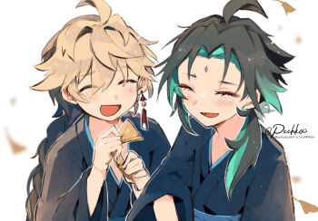 2boys aether_(genshin_impact) ahoge black_hair blue_kimono blush braid closed_eyes commentary_request earrings facial_mark forehead_mark genshin_impact happy highres japanese_clothes jewelry kimono long_hair long_sleeves male_focus multiple_boys open_mouth pechka simple_background single_earring twitter_username upper_body white_background xiao_(genshin_impact)