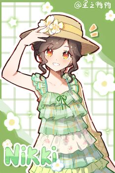 Rule 34 | 1girl, bag, bare shoulders, black hair, brown hat, cherilynorz, collarbone, copyright name, cowboy shot, dot nose, dress, eyelashes, floating blossoms (infinity nikki), floral print, flower, green background, green dress, green ribbon, grid background, grin, hand on headwear, happy, hat, hat flower, highres, infinity nikki, light blush, medium hair, nikki (series), notice lines, orange eyes, outline, parted bangs, plaid clothes, plaid dress, print dress, ribbon, shoulder bag, sidelocks, signature, sleeveless, sleeveless dress, smile, solo, standing, star (symbol), sun hat, sundress, two-tone background, wavy hair, white background, white flower, white outline, yellow bag