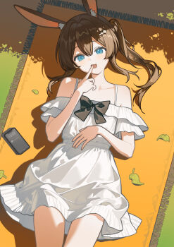 1girl absurdres alternate_costume amiya_(arknights) animal_ear_fluff animal_ears arknights bare_shoulders blue_eyes blush brown_hair carpet collarbone commentary cowboy_shot dress hair_between_eyes hand_on_own_stomach hand_up highres leaf long_hair looking_at_viewer lying nagisa_(cxcx5235) off-shoulder_dress off_shoulder on_back open_mouth outdoors phone rabbit_ears rabbit_girl short_sleeves solo untranslatable_commentary white_dress
