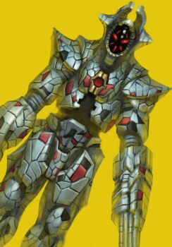 armor commentary deathfacer dutch_angle feet_out_of_frame full_armor giant glowing glowing_eyes grey_armor gun highres kudaya0825 led legs_apart looking_at_viewer machine_gun mecha mecha_focus no_humans red_eyes robot simple_background solo standing tokusatsu ultra_series ultraman_dyna_(series) ultraman_tiga_&amp;_ultraman_dyna:_hikari_no_hoshi_no_senshi-tachi weapon yellow_background