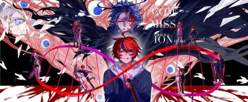 2boys absurdres ahoge aotsuki_eito arm_around_shoulder black_boots black_cape black_gloves black_hair black_pants blank_speech_bubble blood blood_from_forehead blood_from_mouth blood_on_hands blue_eyes blue_jacket blush boots cape closed_eyes commission cosplay crying crying_with_eyes_open dna drawstring eyelashes fang glasses gloves grey_hair grey_jacket grin hair_between_eyes hand_in_pocket heart high_collar highres holding_hands hood hood_down hood_up hoodie jacket jacket_over_hoodie knee_boots leg_up long_sleeves multicolored_hair multicolored_jacket multiple_boys official_alternate_color open_clothes open_jacket open_mouth pants pocket red_hair shards shirt shoes short_hair smile sneakers speech_bubble spoilers streaked_hair sumino_takumi sumino_takumi_(cosplay) sunglasses tears the_hundred_line_-last_defense_academy- thigh_strap torn_cape torn_clothes two-tone_hair two-tone_jacket walking white_gloves white_hoodie white_jacket white_pants white_shirt white_shoes xiamu_bushi_xiamu yaoi zipper_pull_tab