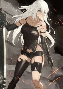 1girl a2_(nier:automata) android aqua_eyes armlet bare_shoulders beastlord_(sword) black_gloves black_pants black_shirt black_tank_top blue_eyes closed_mouth elbow_gloves fadingz feet_out_of_frame gloves gluteal_fold green_eyes hair_between_eyes highres holding holding_sword holding_weapon huge_weapon jewelry joints long_hair nier:automata nier_(series) pants revision robot robot_joints science_fiction shirt short_shorts short_sleeves shorts solo standing sword tank_top torn_clothes torn_pants torn_shirt very_long_hair weapon white_hair