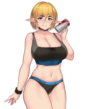 1girl :q black_choker blonde_hair breasts choker closed_mouth collarbone commentary_request elf green_eyes hair_between_eyes highres holding large_breasts momera navel original pointy_ears short_hair sports_bra stomach sweat tongue tongue_out white_background