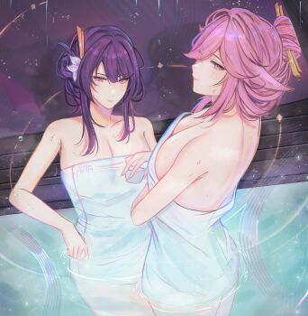 2girls a_r_i_a absurdres artist_name bare_shoulders breasts cleavage commentary genshin_impact hair_ornament hair_stick highres long_hair looking_at_viewer multiple_girls naked_towel pink_hair purple_eyes purple_hair raiden_shogun smile towel water yae_miko