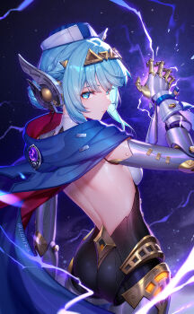 1girl android ass backless_outfit bare_back blue_cape blue_eyes blue_hair breasts cape cowboy_shot electricity expressionless from_behind genshin_impact hat highres ineffa_(genshin_impact) lightria looking_at_viewer medium_breasts robot robot_girl short_hair sideboob sidelocks solo