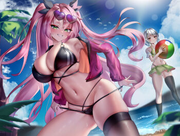 absurdres alternate_costume anby_demara armpits ball beach beachball bikini bird black_bikini black_ribbon black_socks black_thighhighs blue_sky blush breasts cleavage clothes_pull cloud commentary day eyewear_on_head green_bikini green_eyes green_skirt grey_hair hair_ornament hair_ribbon heart heart-shaped_eyewear highres holding jacket large_breasts long_hair looking_at_viewer navel nicole_demara ocean outdoors palm_tree pink_hair pink_jacket ribbon sand short_hair single_sock single_thighhigh skirt sky smile socks swimsuit thighhighs too_many too_many_birds tree two_side_up water wendy_(5877) zenless_zone_zero