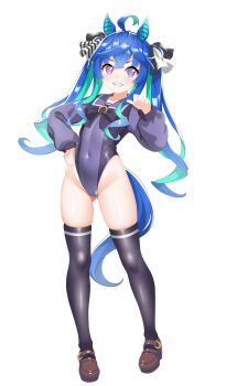 1girl @_@ absurdres adapted_costume ahoge animal_ears aqua_hair blue_eyes blue_hair bow bowtie cameltoe chinese_commentary covered_navel crossed_bangs doctor_in_charge_(zacx5338) full_body gluteal_fold grin hair_bow hand_on_own_hip hand_up heterochromia highleg highleg_leotard highres horse_ears horse_girl horse_tail leotard long_hair long_sleeves looking_at_viewer mary_janes multicolored_hair outline pointing pointing_at_self purple_bow purple_bowtie purple_eyes purple_leotard purple_sailor_collar sailor_collar school_uniform sharp_teeth shoes sidelocks smile solo standing striped_bow tail teeth thighhighs tracen_school_uniform transparent_background twin_turbo_(umamusume) twintails two-tone_hair umamusume v-shaped_eyebrows very_long_hair white_outline