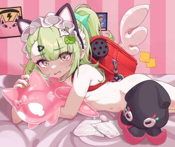 1girl animal_ears asymmetrical_bangs backpack bag bed_sheet blush breasts cat_ears charm_(object) completely_nude convenient_censoring crime_prevention_buzzer earrings fake_animal_ears fang green_eyes green_hair green_nails hair_ornament hairband hairclip jewelry loli long_hair looking_at_viewer lying maid_headdress nail_polish navel nude on_bed on_side on_stomach open_mouth pankobreaddumbs paper ponytail randoseru sex_toy small_breasts solo striped_background stuffed_animal stuffed_toy sunna_(zenless_zone_zero) sweat vibrator zenless_zone_zero