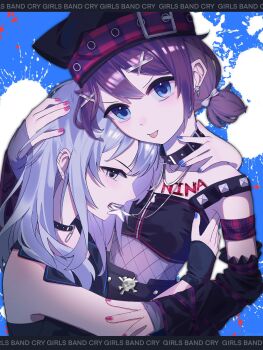 Rule 34 | 2girls, black choker, black hat, blue nails, brown hair, choker, commentary, copyright name, detached sleeves, ear piercing, earrings, fang, girls band cry, grey eyes, grey hair, hat, highres, hug, iseri nina, jewelry, kawaragi momoka, long hair, looking at viewer, low twintails, mouth hold, multicolored hair, multiple girls, nail polish, ono o aki, piercing, red nails, roots (hair), short hair, short twintails, twintails, untranslatable commentary, yuri