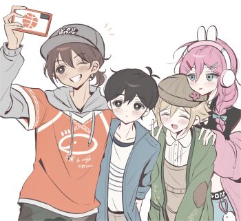 1girl 3boys :d ;d \||/ ^_^ absurdres alternate_skin_color animal_charm animal_ear_headphones animal_ears antenna_hair aqua_bow aqua_eyes arm_behind_back arm_up aubrey_(birthday)_(omori) aubrey_(faraway)_(omori) aubrey_(omori) bare_shoulders baseball_cap basil_(birthday)_(omori) basil_(faraway)_(omori) basil_(omori) basketball_print belt black_belt black_eyes black_hair black_pants black_shirt blonde_hair blue_jacket blue_pants blush bow braid bright_pupils brown_eyes brown_hair brown_hat brown_overalls buttons camouflage camouflage_pants cardigan charm_(object) closed_eyes closed_mouth clothes_writing collarbone collared_jacket collared_shirt cowboy_shot crop_top cropped_shirt denim denim_jacket double-parted_bangs drawstring english_text expressionless fake_animal_ears forest_bunny?_(omori) green_cardigan grey_hat grey_hoodie grin hair_behind_ear hair_between_eyes hair_bow hair_ornament hair_over_shoulder hand_on_another's_shoulder hat headphones hector_(omori) highres hood hood_down hoodie jacket jacket_partially_removed jeans kel_(birthday)_(omori) kel_(faraway)_(omori) kel_(omori) layered_sleeves long_hair long_sleeves looking_at_phone low_twin_braids midriff multiple_boys newsboy_cap notice_lines official_alternate_costume official_alternate_hairstyle omori one_eye_closed open_cardigan open_clothes open_jacket open_mouth orange_shirt overalls pale_skin pants phone pink_cardigan pink_hair puffy_long_sleeves puffy_sleeves rabbit_ear_headphones rabbit_ears raised_inner_eyebrows ribbed_shirt selfie shirt short-sleeved_jacket short_hair short_over_long_sleeves short_sleeves simple_background sleeveless sleeveless_shirt smile standing sunny_(birthday)_(omori) sunny_(omori) tareme tongue tongue_out twin_braids v very_short_hair white_background white_pupils white_shirt wktdms1