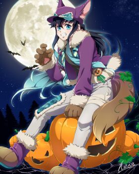1boy animal_ear_fluff animal_ears animal_hat aqua_eyes aqua_hair bandaged_leg bandages bat_(animal) black_hair black_shirt brown_gloves full_moon fur-trimmed_jacket fur-trimmed_shoes fur_trim gloves grey_pants halloween_costume hana_ni_nare hat highres jack-o&#039;-lantern jacket kimetsu_no_yaiba long_hair long_sleeves male_focus moon multicolored_hair pants purple_hat purple_jacket purple_shoes shirt shoes solo teeth tokitou_muichirou torn_clothes torn_pants two-tone_hair wolf_ears wolf_hat