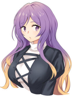 1girl black_dress blonde_hair breasts commentary_request cropped_torso cross-laced_clothes cross-laced_dress dress gradient_hair highres hijiri_byakuren large_breasts long_hair looking_at_viewer multicolored_hair nobori_ranzu parted_lips purple_eyes purple_hair simple_background solo touhou turtleneck turtleneck_dress white_background white_dress