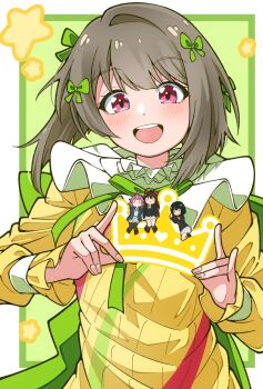 4girls :d ahoge black_hair black_jacket black_socks black_thighhighs blue_eyes blue_jacket bob_cut border bow brown_hair brown_shoes character_logo closed_mouth commentary crown dress expressionless green_background green_bow green_ribbon hair_bow hashtag-only_commentary highres holding holding_crown hood hood_down hooded_jacket inverted_bob jacket kishimen_hair long_sleeves looking_at_viewer love_live! love_live!_nijigasaki_high_school_idol_club medium_hair mifune_shioriko mini_person minigirl miniskirt multiple_girls mutekikyuu_believer nakasu_kasumi neck_ribbon nijigasaki_1st_years nijigasaki_school_uniform open_clothes open_jacket open_mouth osaka_shizuku outside_border pink_eyes pink_hair pleated_skirt red_bow red_eyes ribbon school_uniform shirt shoes short_hair skirt smile socks star_(symbol) teeth tennoji_rina thighhighs thio_lovelive upper_body upper_teeth_only white_border white_shirt white_skirt winter_uniform yellow_dress yellow_eyes yellow_ribbon