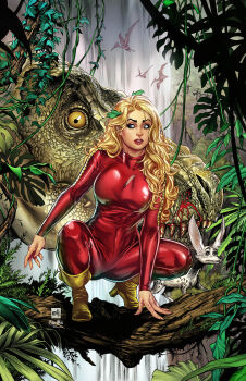 1girl artist_collaboration barbarella barbarella_(comics) blonde_hair blue_eyes bodysuit boots day dinosaur highres jungle leaf long_hair looking_to_the_side mike_krome nature on_branch outdoors plant red_bodysuit solo squatting tyrannosaurus_rex ula_mos vines vix_(barbarella) water waterfall yellow_boots